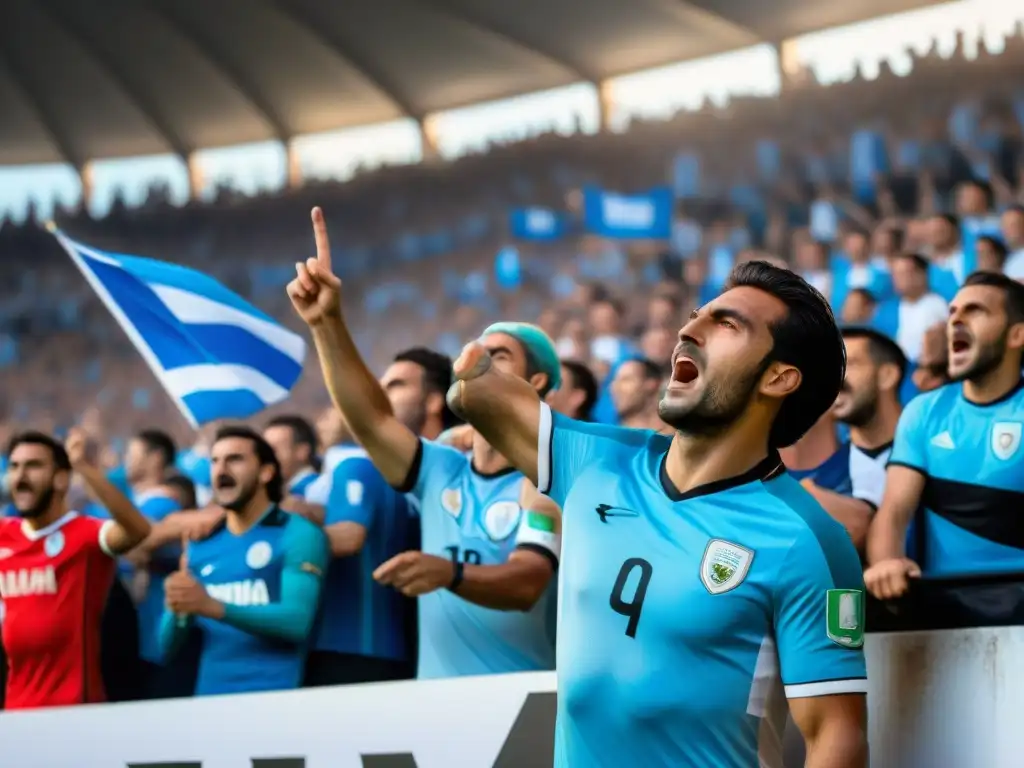 Apasionante escena de derbi en estadio lleno de Uruguay con aficionados ondeando banderas y rostros pintados, mostrando lealtad y emoción