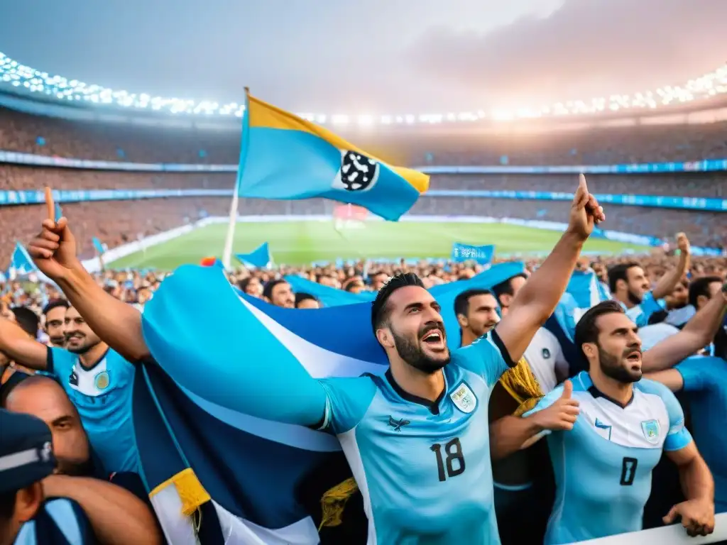 Apasionante fiesta futbolística en Uruguay con fanáticos vibrantes y banderas coloridas ondeando en un estadio lleno