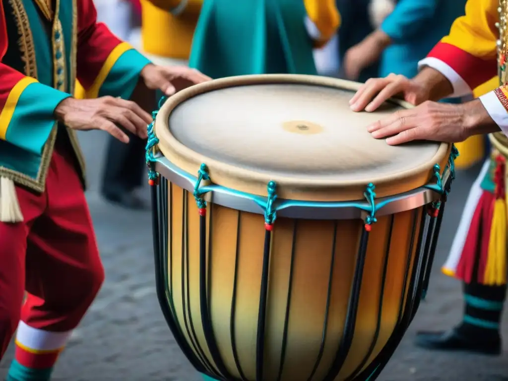 Apasionante tamborilero de Candombe en Carnaval de Montevideo, capturando la riqueza cultural de Uruguay con sus vibrantes colores y movimientos