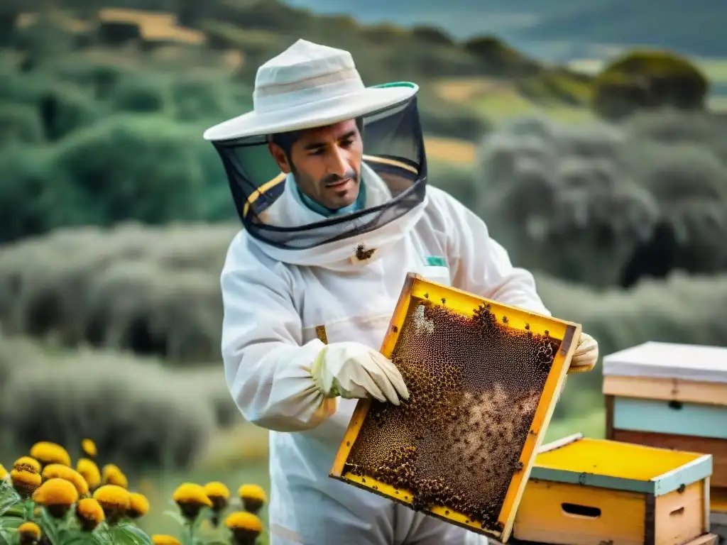 Apicultor uruguayo inspeccionando colmena en la exuberante naturaleza de Uruguay