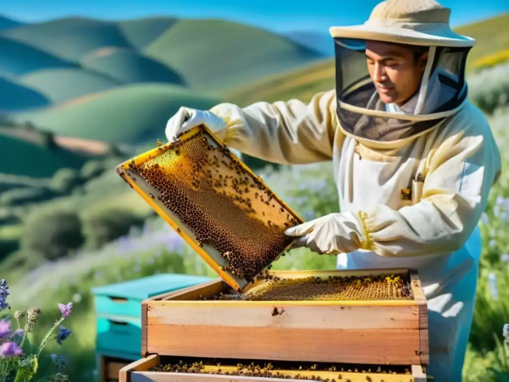 Apicultor uruguayo inspecciona colmena con miel dorada, rodeado de naturaleza en armonía