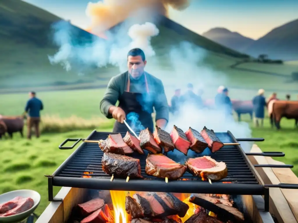 Aplicaciones para degustar gastronomía uruguaya: Asado tradicional uruguayo al aire libre, con personas preparando carne en parrilla al fuego