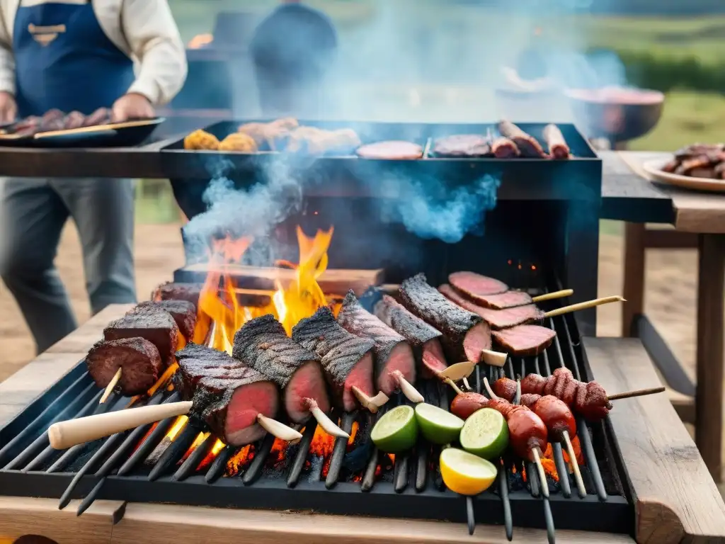 Aplicaciones para degustar gastronomía uruguaya: Un asado tradicional uruguayo al aire libre con gauchos y parrilla