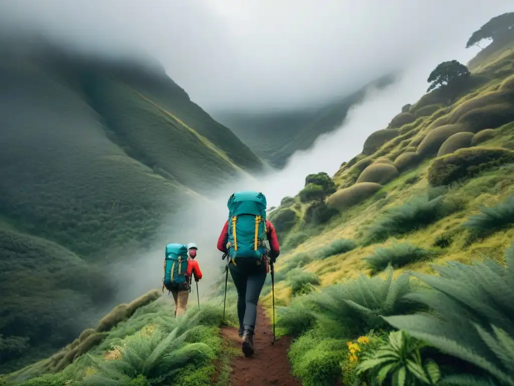 Aplicaciones móviles aventureros en Uruguay: Grupo de excursionistas en montañas verdes, explorando senderos entre árboles altos y vegetación salvaje