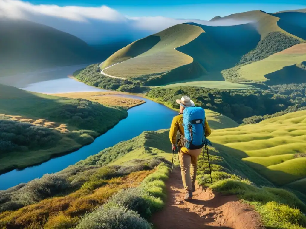 Aplicaciones móviles aventureros Uruguay: Grupo de viajeros explorando paisajes de Uruguay con emoción y determinación