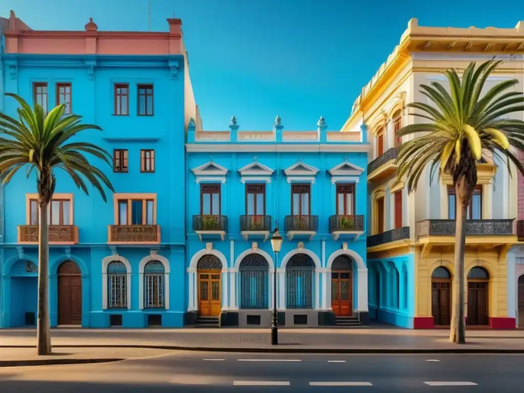 Explora Montevideo con Apps para encontrar alojamiento en Uruguay, entre edificios coloridos y palmeras bajo el cielo azul