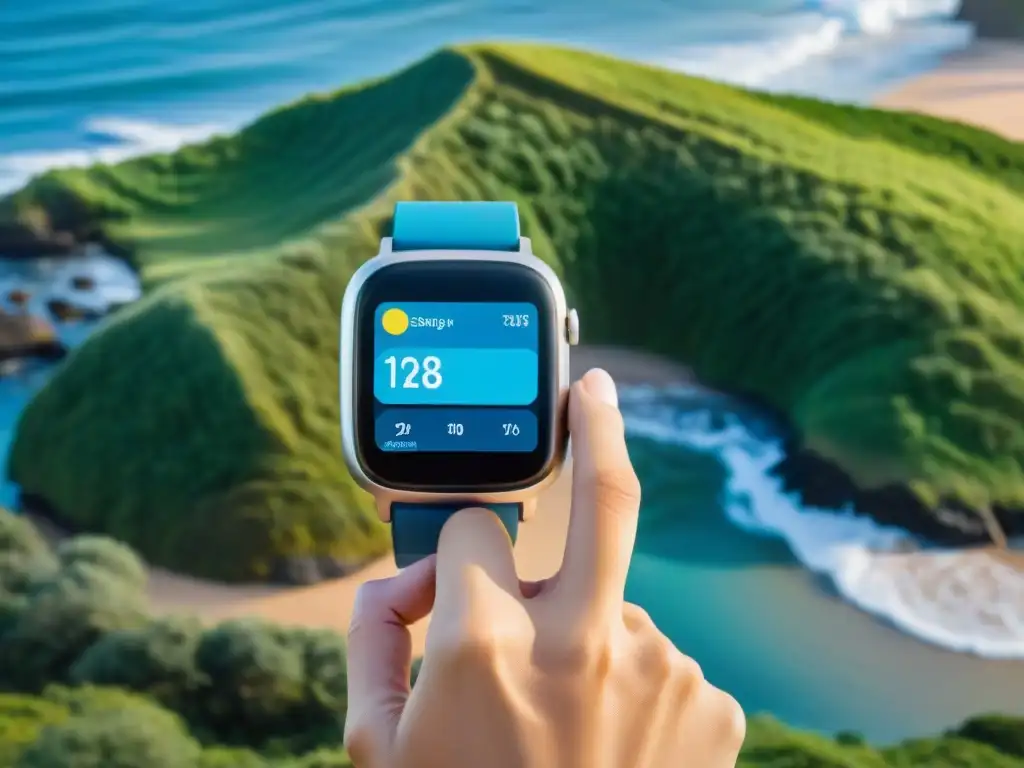 Explorando Uruguay con Apps imprescindibles smartwatch: persona en la playa checando el clima