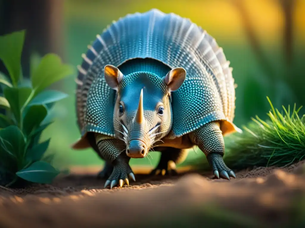 Un armadillo explorando en Uruguay, destacando su caparazón y expresión curiosa