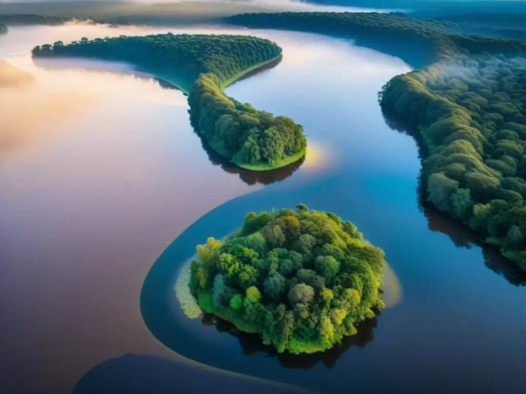 Armonía y belleza del ecosistema del Río Negro en Uruguay, destacando la diversidad de aves y exuberante vegetación bajo la luz dorada del atardecer