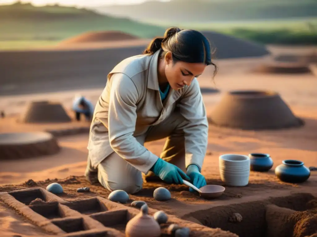 Un arqueólogo excavando artefactos en un sitio arqueológico charrúa en Uruguay