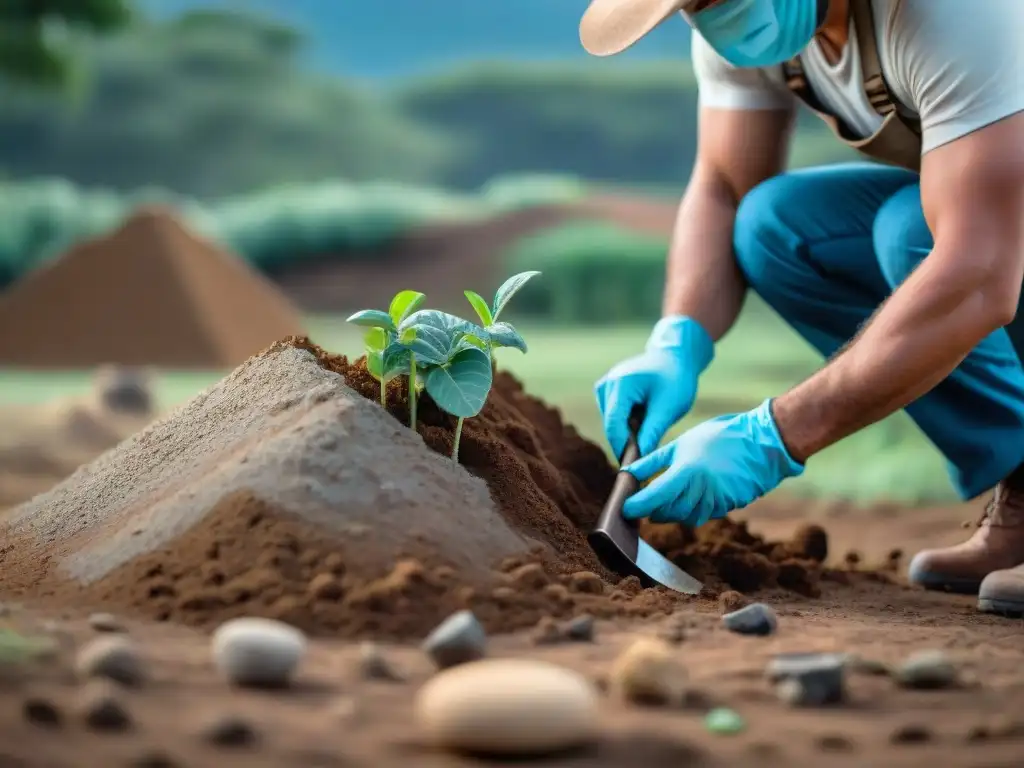 Arqueólogos cuidadosos excavando artefactos antiguos en sitio de Uruguay, respeto y precisión en acción