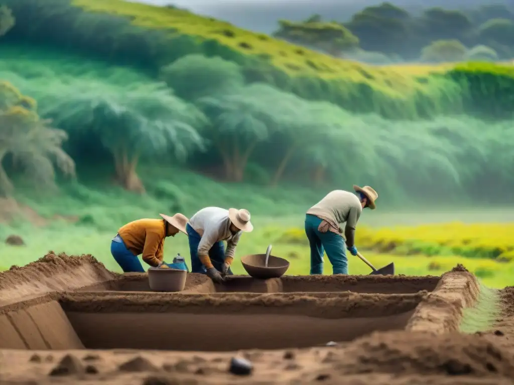 Arqueólogos excavando sitio charrúa en Uruguay, revelando historia