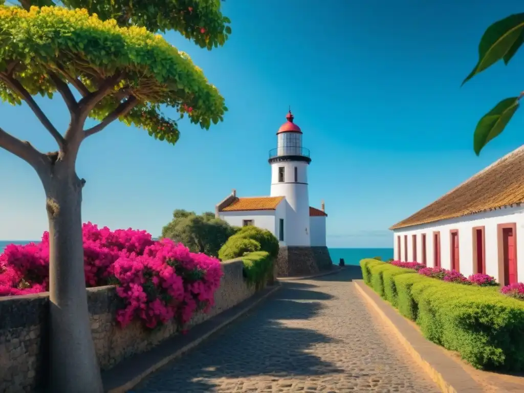 Fotografía arquitectónica en Uruguay para principiantes: Detalle de faro histórico en Colonia del Sacramento con fachada en sombras y calles empedradas