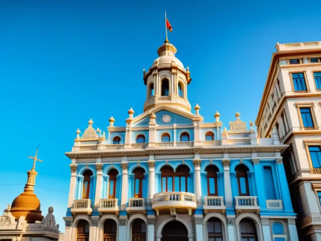 Fotografía arquitectónica en Uruguay para principiantes: Detalle del icónico Palacio Salvo en Montevideo, destacando su majestuosa fachada y torre contra un cielo azul claro