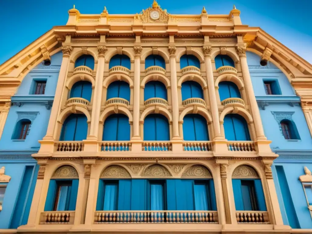 Fotografía arquitectónica en Uruguay para principiantes: Detalle del icónico Palacio Salvo en Montevideo contra un cielo azul despejado