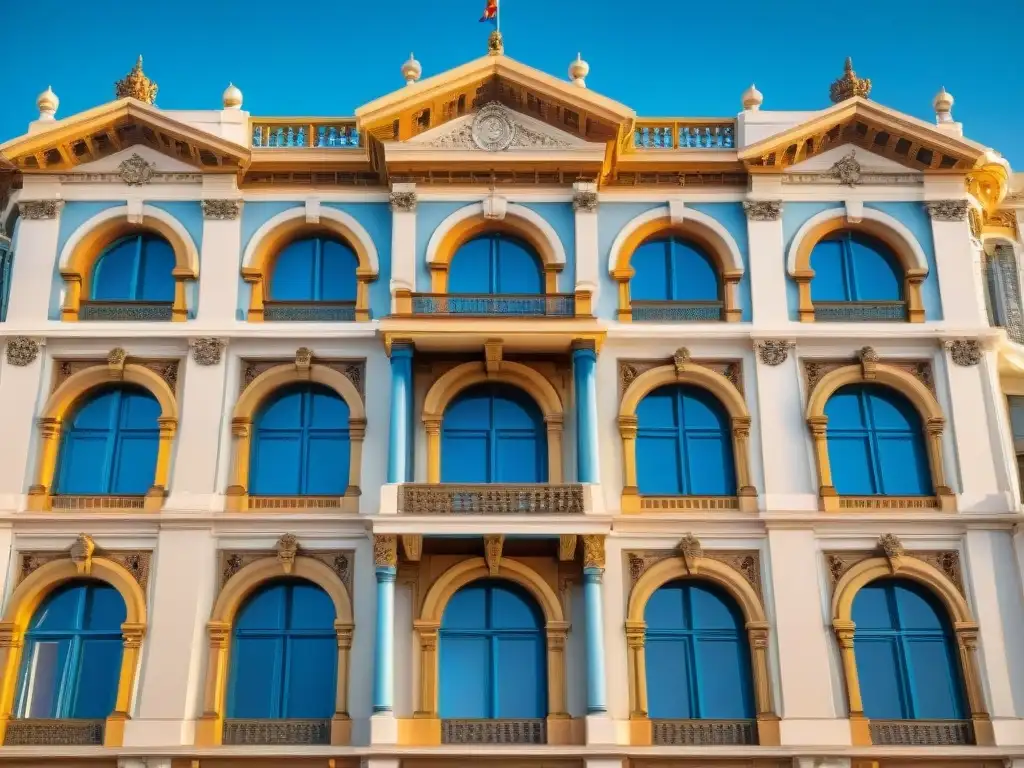 Fotografía arquitectónica en Uruguay para principiantes: Detalles del icónico Palacio Salvo en Montevideo bajo un cielo azul