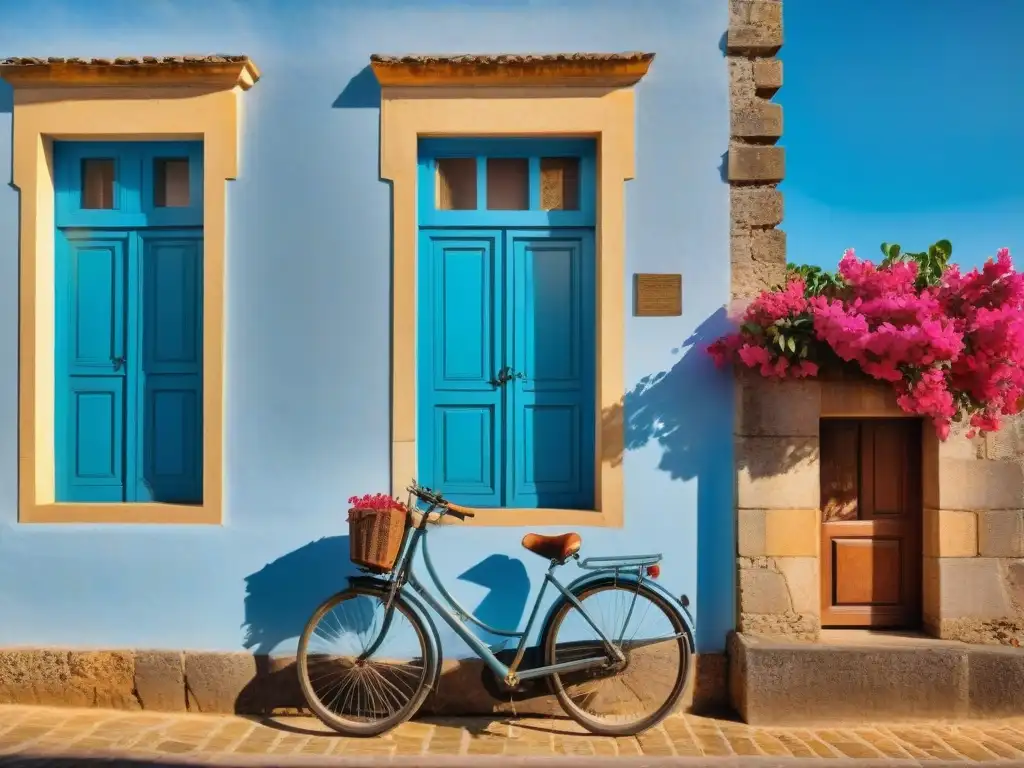 Fotografiando arquitectura colonial en Uruguay: Detalle de una casona antigua con enredaderas y bicicleta vintage bajo el sol