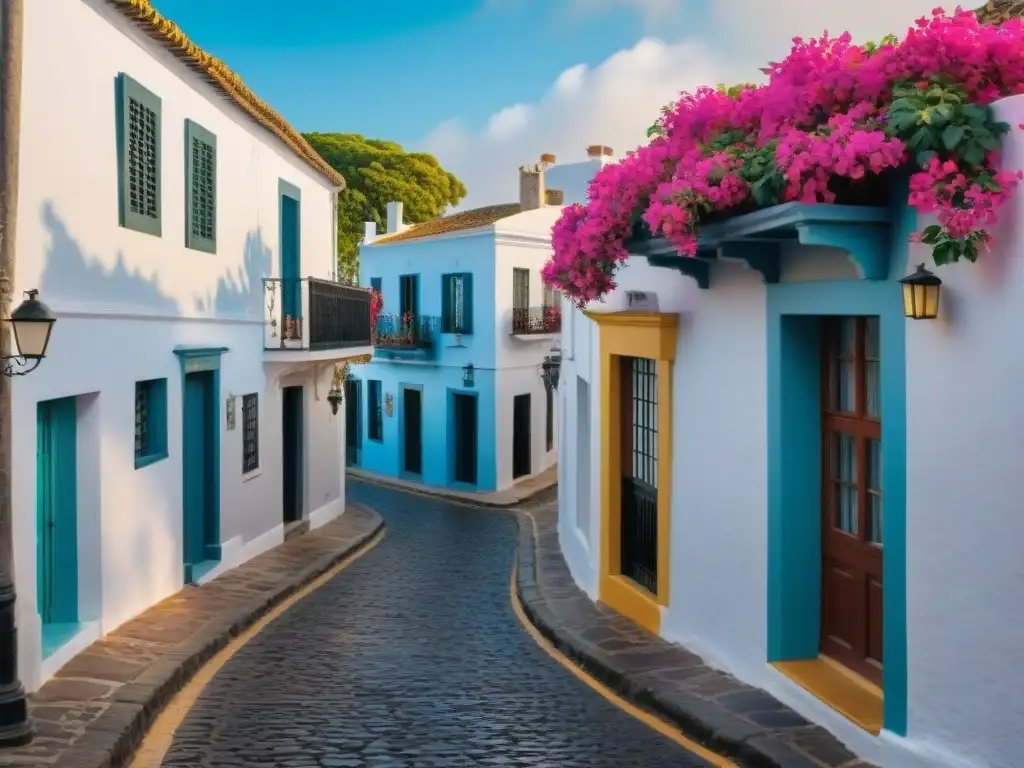 Arquitectura colonial en Colonia Uruguay: calles empedradas, fachadas coloridas, balcones de hierro forjado y buganvilias en flor