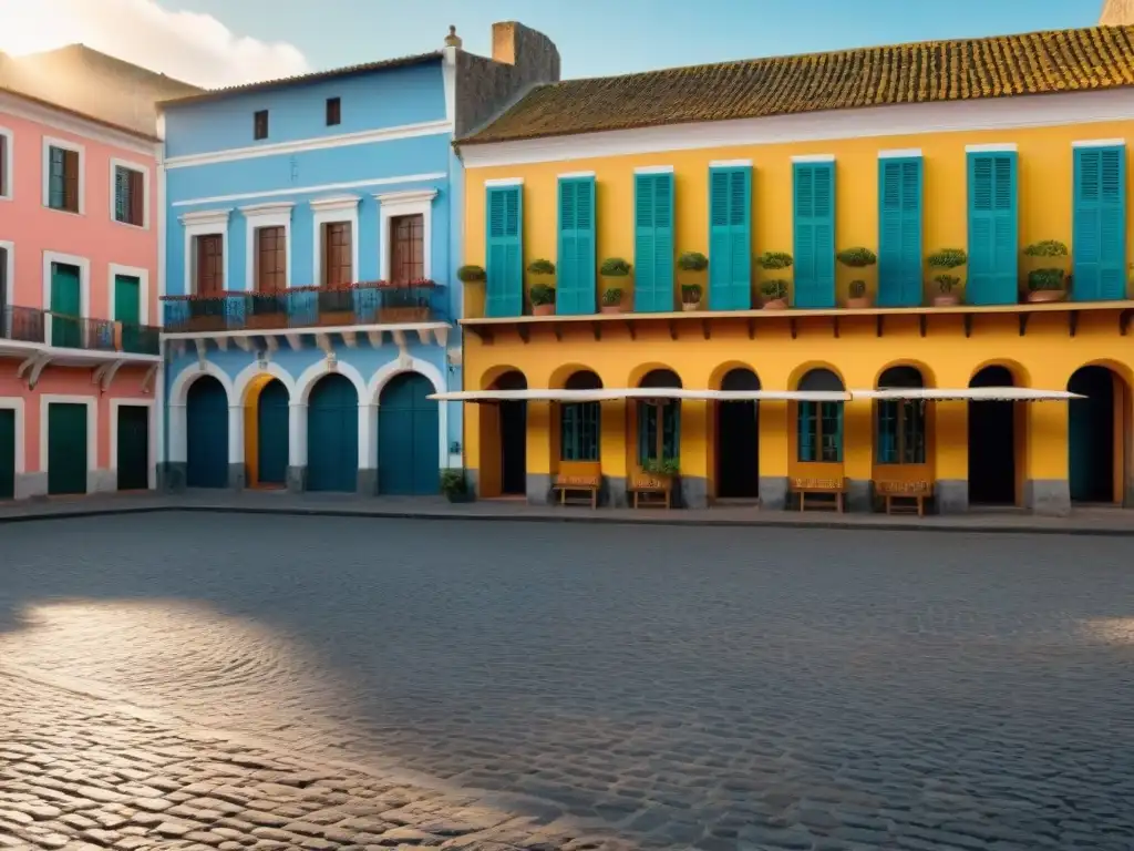 Arquitectura colonial en Colonia Uruguay: Detalles pintorescos de la Plaza Mayor, edificios coloridos y balcones de hierro forjado