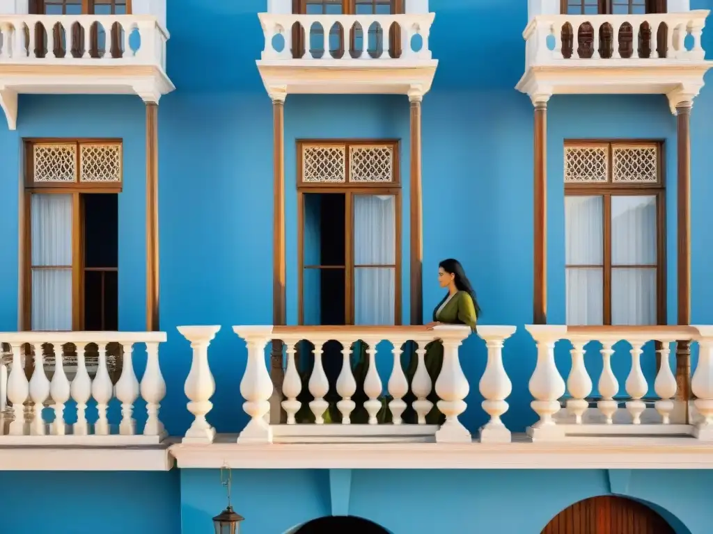 Fotografía de arquitectura colonial en Uruguay: detallada fachada ocre con balcones de madera y tejados de barro al atardecer