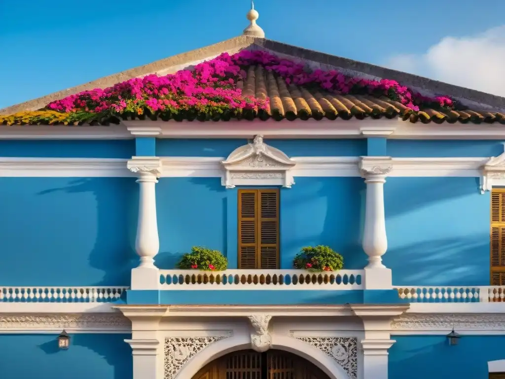 Arquitectura colonial en Uruguay: detallada fachada con columnas, techo rojo y bougainvillea colorida