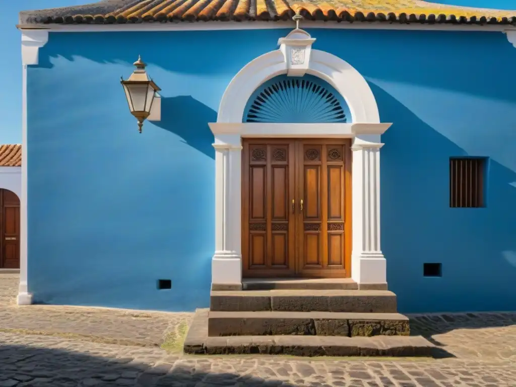 Fotografía de arquitectura colonial en Uruguay: detallada iglesia histórica con músico callejero y cálido sol de tarde