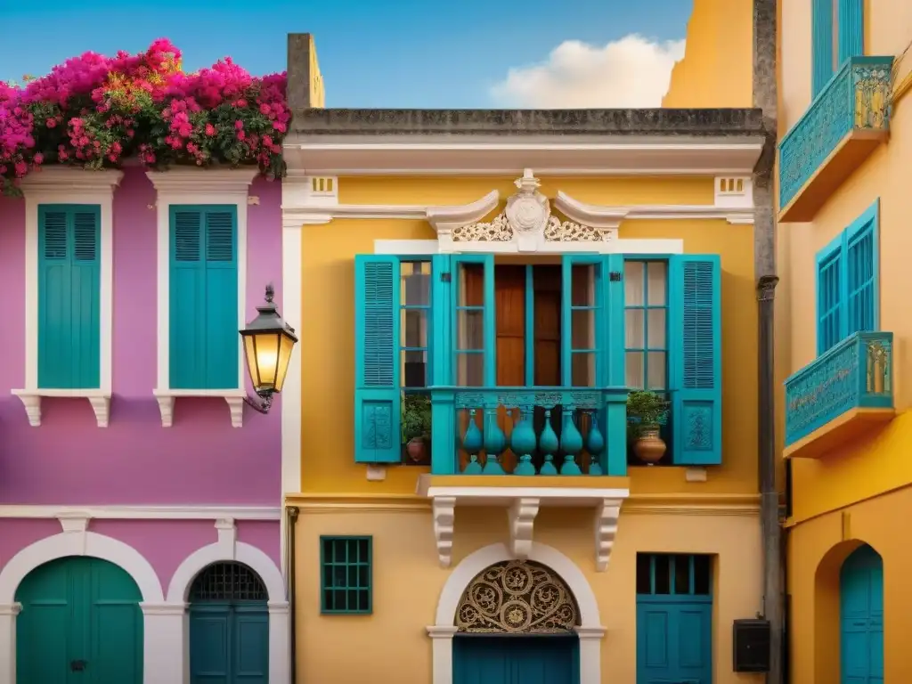 Arquitectura colonial en Uruguay: calle histórica con edificios coloridos, balcones de hierro y buganvilias en flor