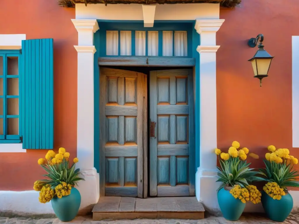 Fotografiando la arquitectura colonial en Uruguay: Detalle de una puerta de madera desgastada en una casa de adobe con flores coloridas en macetas