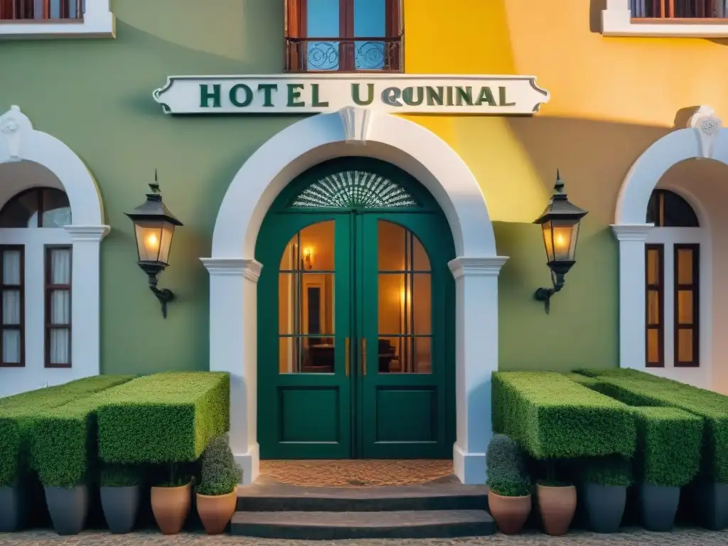 Arquitectura de hotel boutique en Uruguay con encanto histórico y vegetación exuberante en la entrada