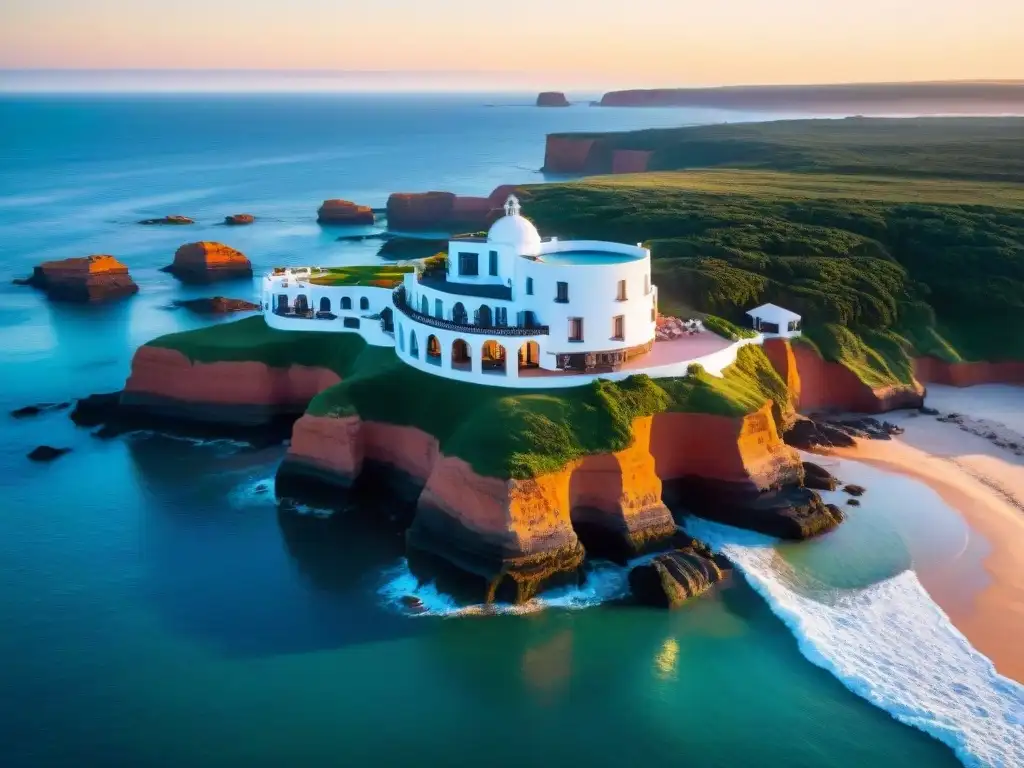 Arquitectura única de Casapueblo en Punta Ballena, Uruguay, con colores vibrantes del atardecer sobre el mar