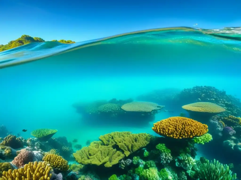 Un arrecife de coral vibrante lleno de peces coloridos bajo aguas turquesas cristalinas