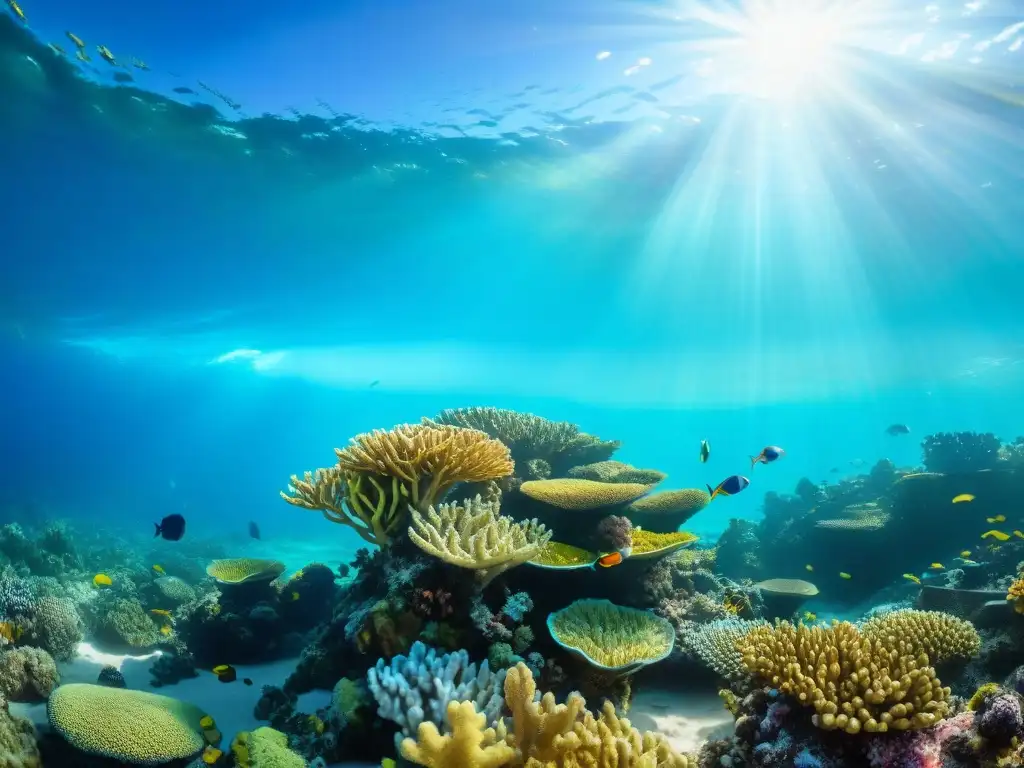 Un arrecife de coral vibrante en Punta del Diablo, lleno de peces coloridos y vida marina, bajo aguas turquesas cristalinas