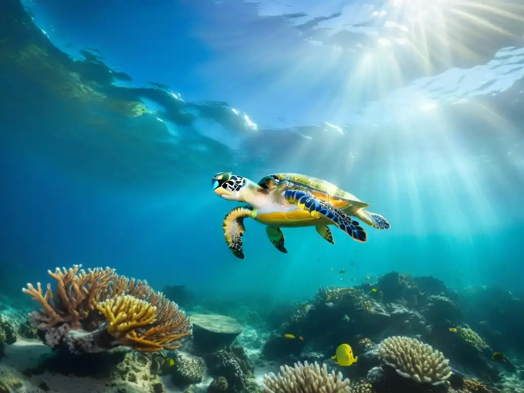 Un arrecife de coral vibrante con peces tropicales y una tortuga marina en aguas cristalinas de Uruguay, ideal para explorar con equipo de buceo