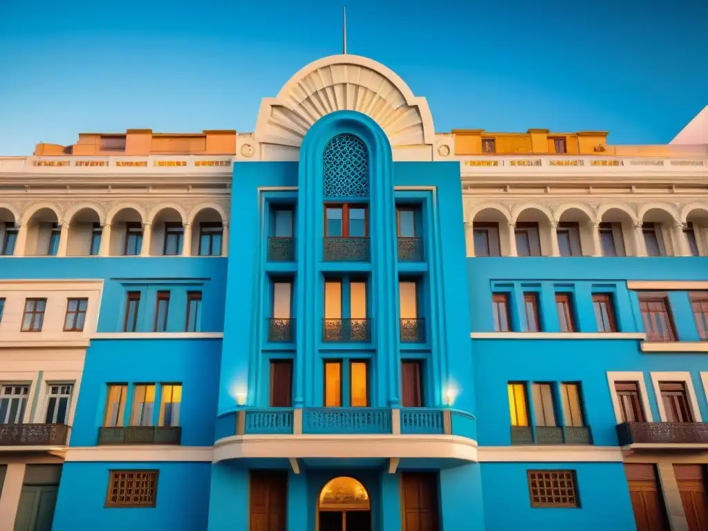 Fotografía de la icónica Arquitectura Art Deco del Palacio Salvo en Montevideo, Uruguay, bajo la suave luz del atardecer