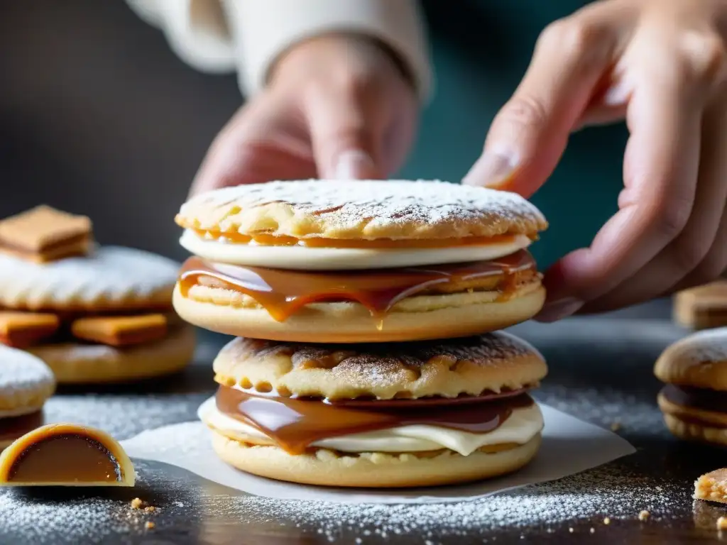 El arte de preparar un alfajor uruguayo casero se despliega en esta imagen detallada de manos expertas