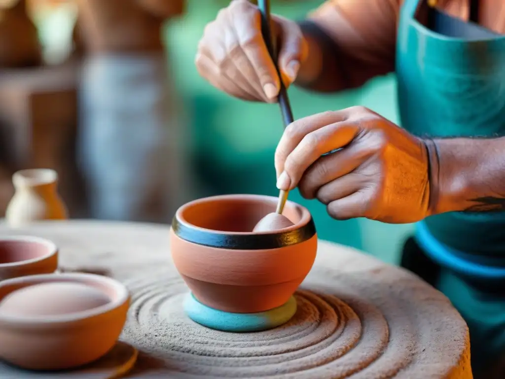 Arte y tradición en Uruguay: Artesano creando mate con destreza en mercado colorido