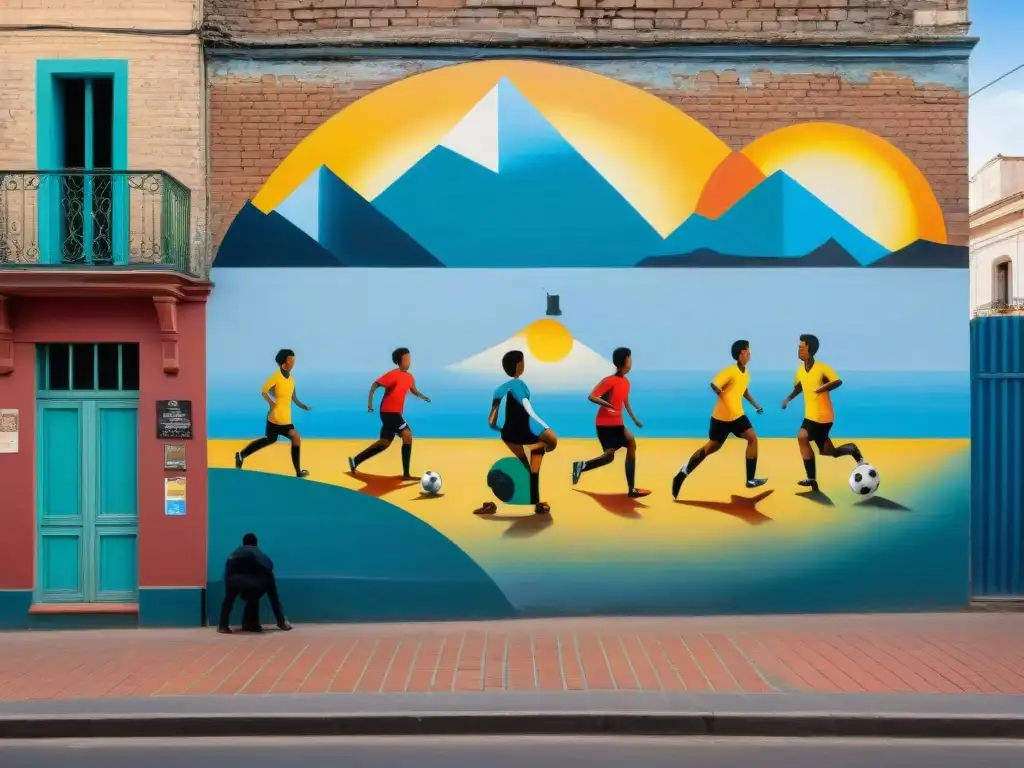 Arte callejero en Uruguay: mural colorido de niños jugando fútbol en una calle de Montevideo al atardecer