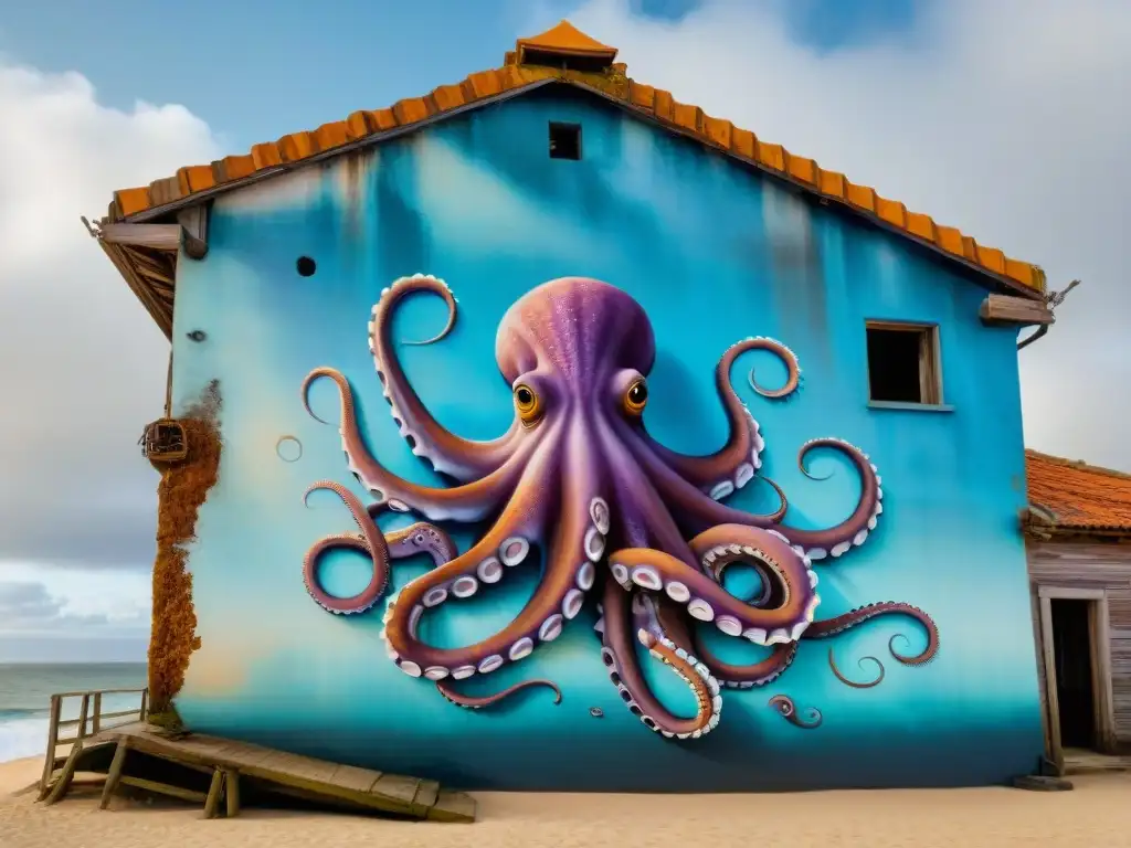 Arte callejero en Punta del Este: un mural vibrante con un pulpo en tonos azules y púrpuras rodeando un naufragio