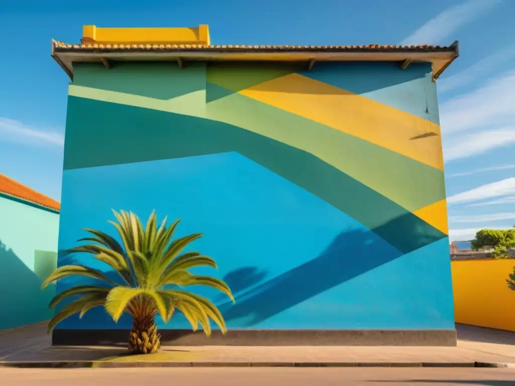 Arte callejero en Punta del Este: mural vibrante de flora y fauna local con formas geométricas abstractas en una pared de concreto envejecida