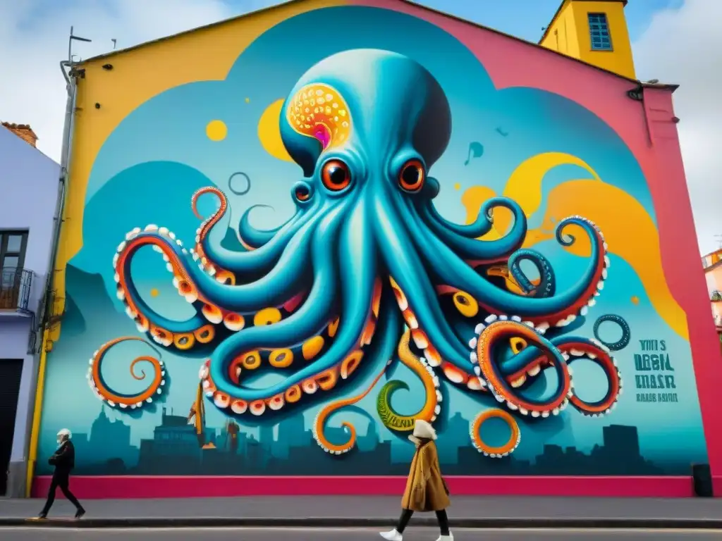 Arte callejero en Punta del Este: mural vibrante de un pulpo gigante rodeando un naufragio, con colores llamativos