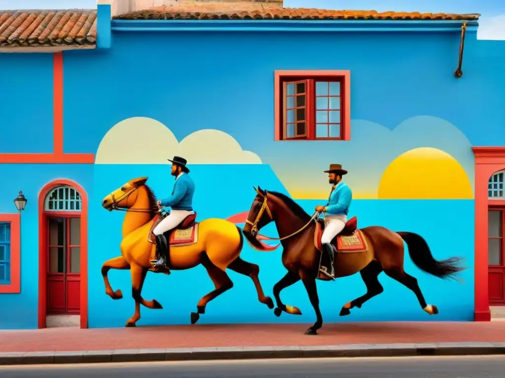 Arte callejero en Uruguay: gauchos, tango y edificios coloniales bajo un cielo azul vibrante