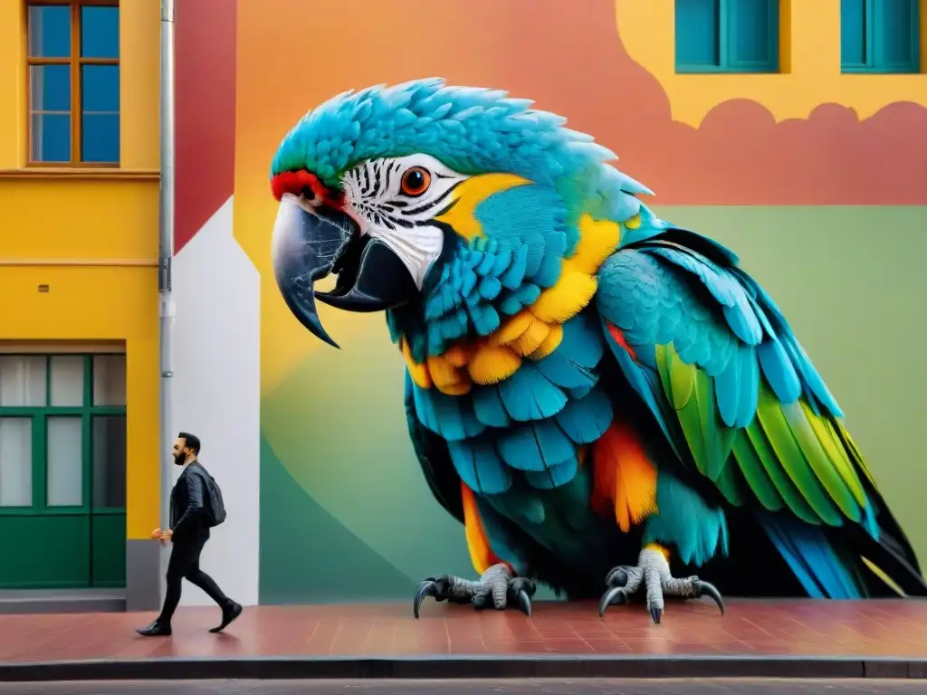 Arte callejero en Montevideo, Uruguay: mural vibrante de loro colorido y patrones geométricos, en contraste con edificios coloniales