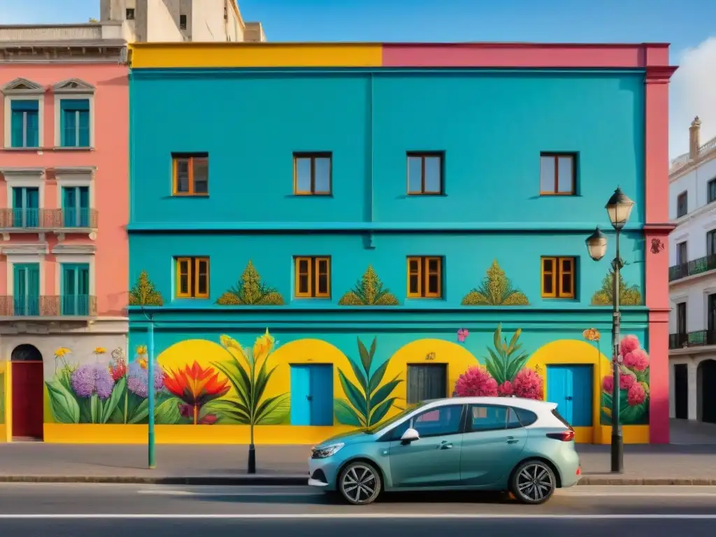 Arte callejero Montevideo Uruguay: Mural vibrante de flora y fauna local con símbolos tradicionales y modernos