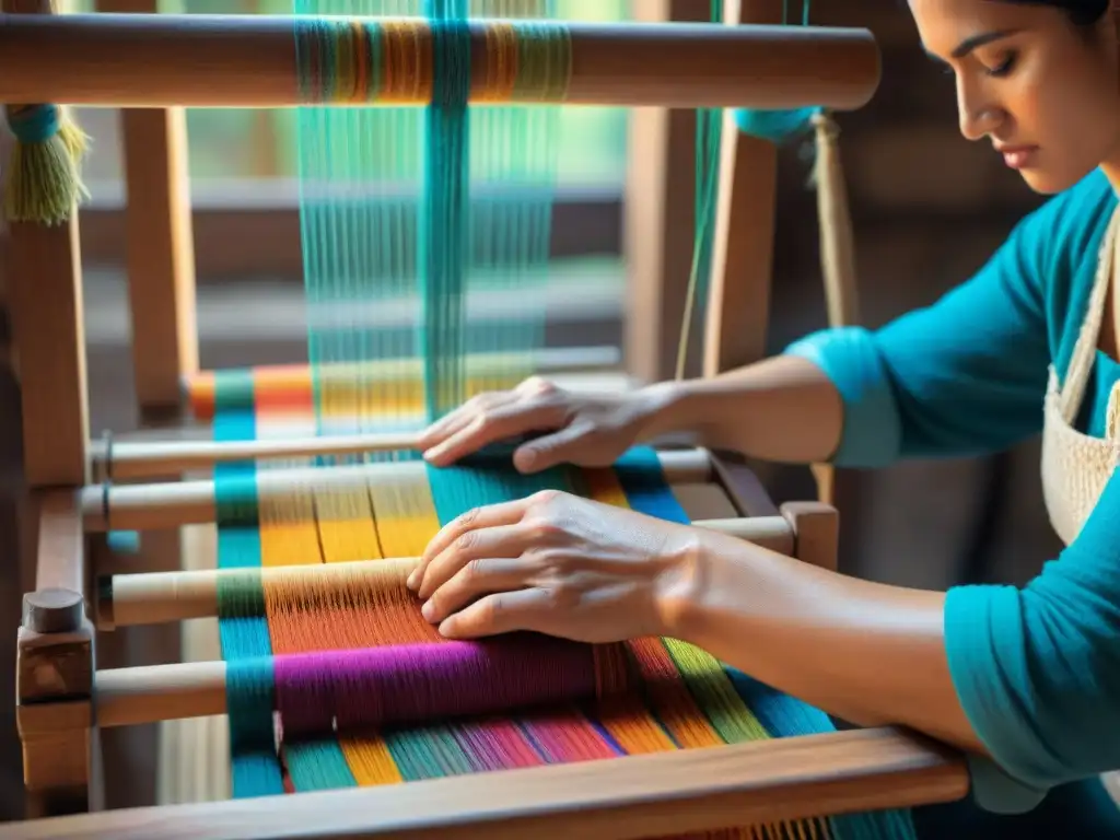 Arte del telar en Uruguay: manos diestras tejiendo hilos coloridos en telar de madera tradicional