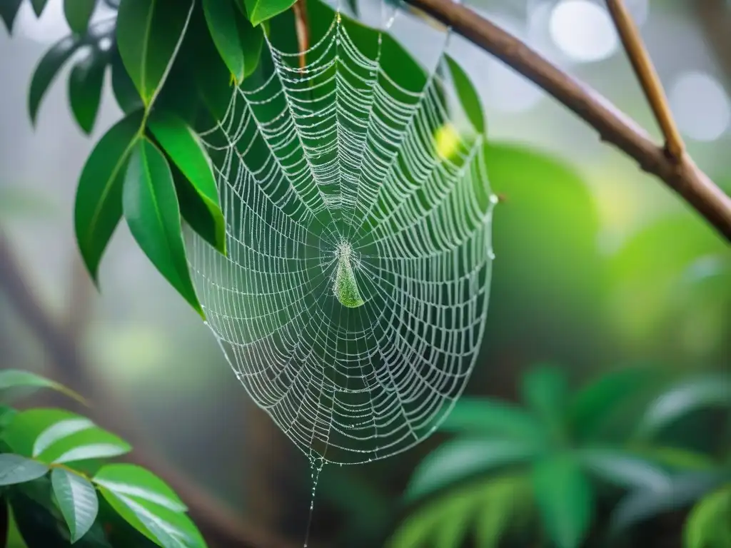 Arte natural: araña verde entre hojas de la selva en cabañas de ecoturismo en Uruguay