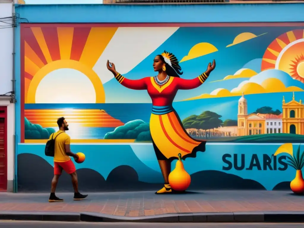 Arte popular en Uruguay: Mural callejero vibrante en Montevideo con elementos culturales icónicos y colores audaces