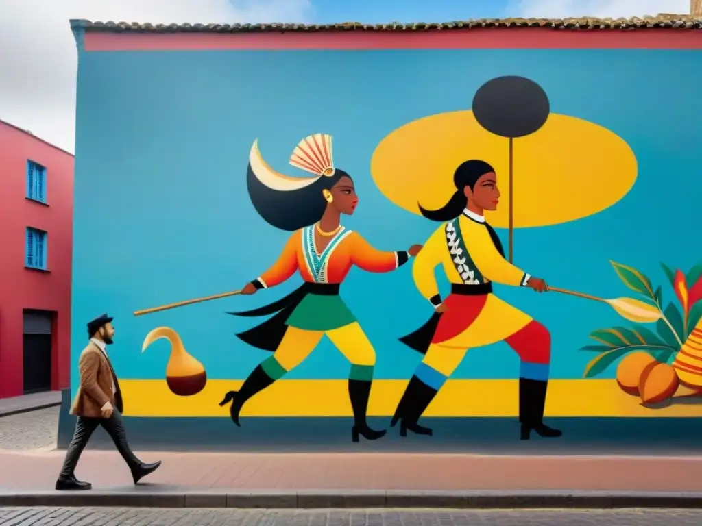 Arte popular en Uruguay: Mural vibrante con motivos tradicionales y colores intensos en Montevideo