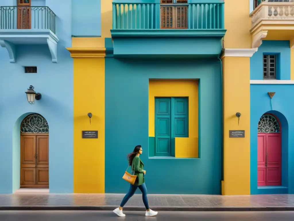 Arte urbano en arquitectura colonial Uruguay: Mural callejero vibrante fusionando elementos contemporáneos con detalles arquitectónicos coloniales