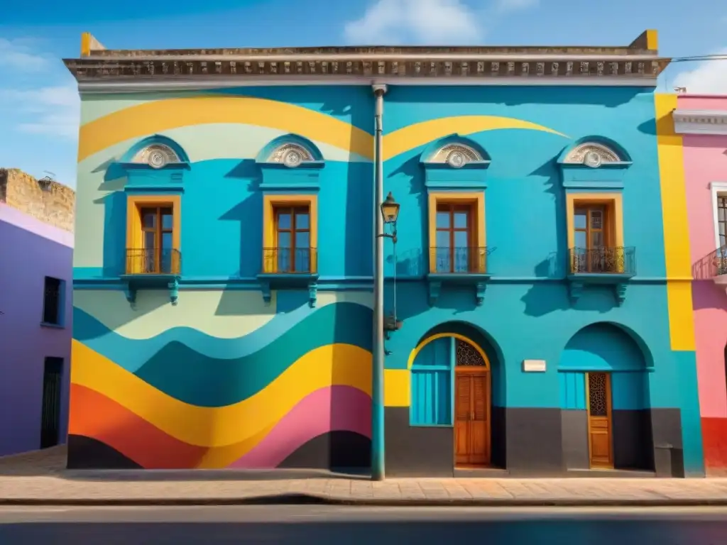 Arte urbano en arquitectura colonial Uruguay: detallado mural de colores vibrantes se fusiona con fachada antigua, creando contraste y armonía