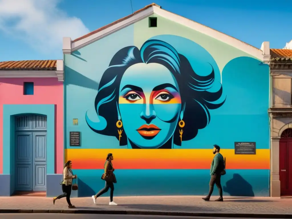 Fotografía de arte urbano en Montevideo, Uruguay, con coloridos edificios y grafitis detallados